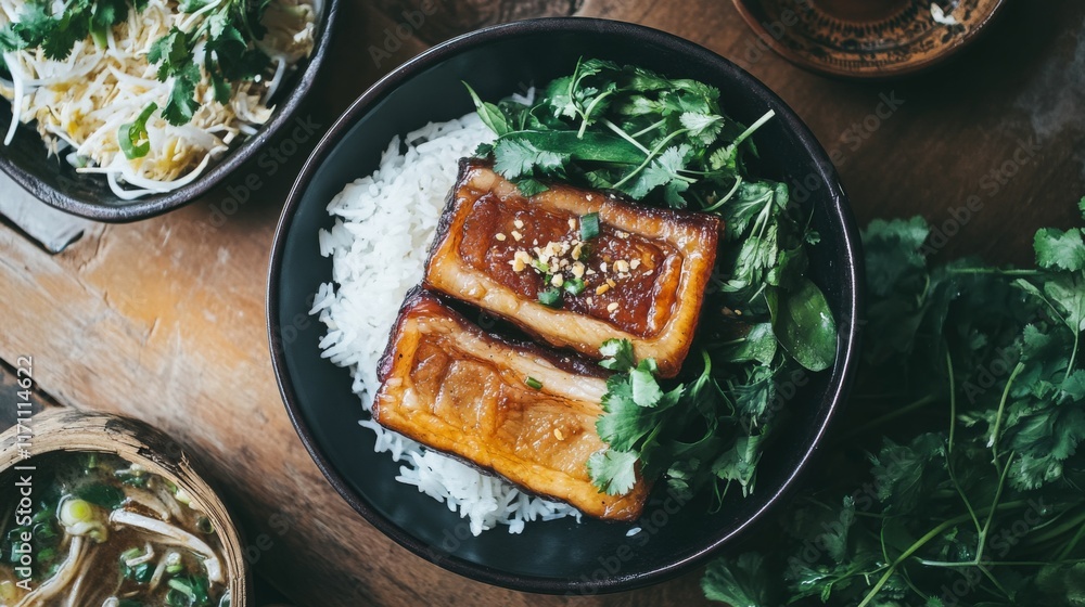 Poster a cozy setting featuring a serving of pork belly with fish sauce, garnished with fresh herbs and acc