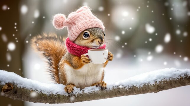 Cute squirrel holding a cup of coffee in winter