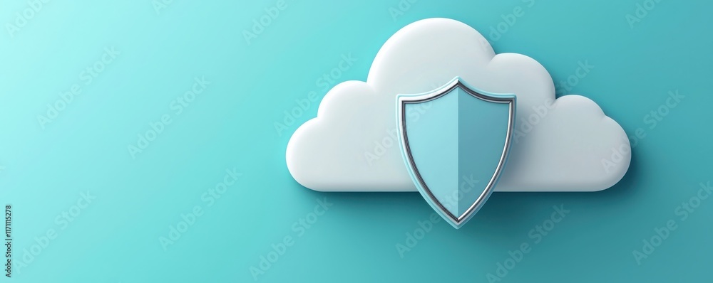 Poster a stylized cloud with a shield symbol, representing digital security and protection in cloud computi