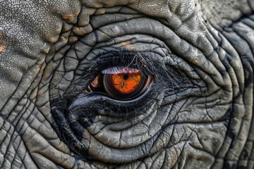 Close-up of an elephant's eye, showcasing intricate textures and deep colors.