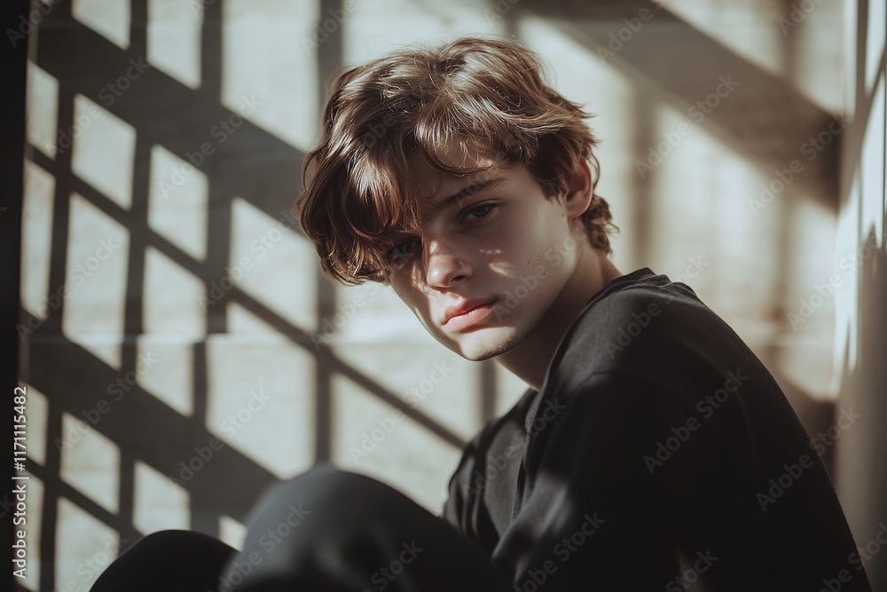 Poster soft light filters through shadows, highlighting intense gaze an
