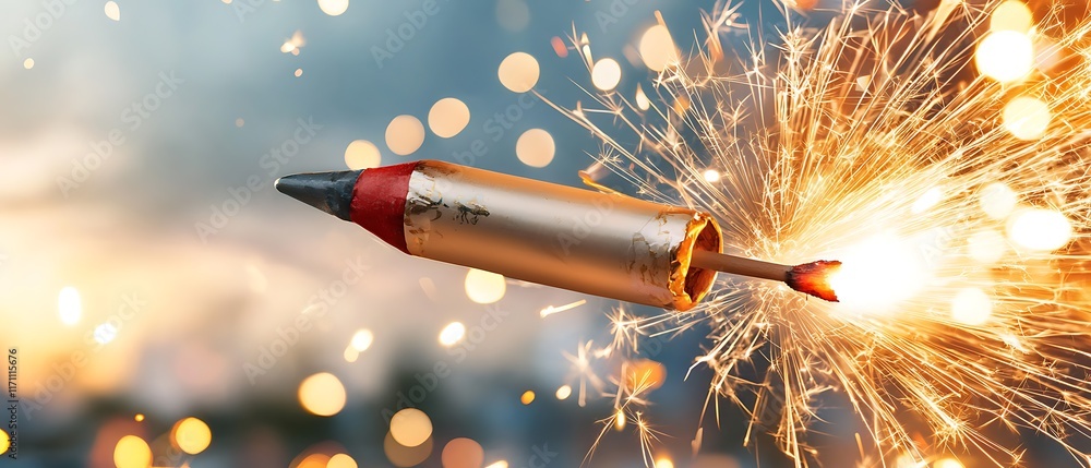 Aufkleber detailed close up view of an exploding firecracker with bright bursts of golden sparks radiant flame