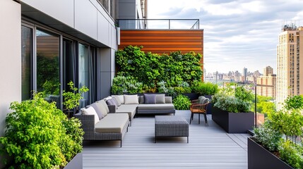 Stylish urban balcony featuring lush greenery, modern seating, a