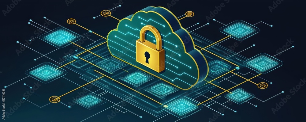 Poster a digital illustration of a cloud with a lock, symbolizing cloud security and data protection throug