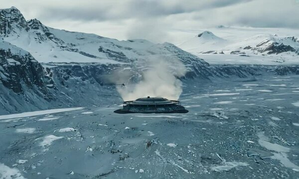Hyperspeed Fly Through Frozen Peaks to Crashed Flying Saucer &ndash; Cinematic Sci-Fi Scene