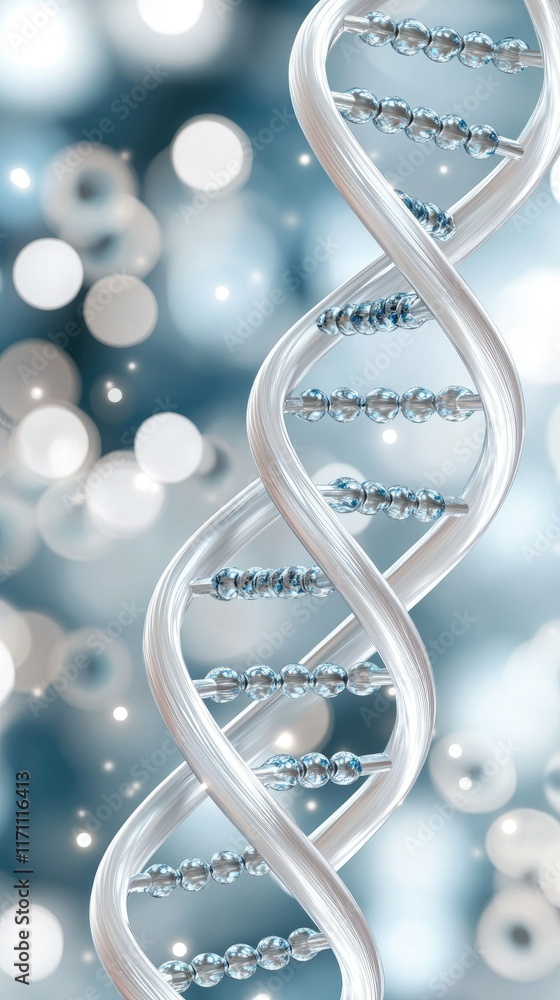 Poster double helix dna structure elegantly designed against a luminous blue backdrop featuring soft bokeh 
