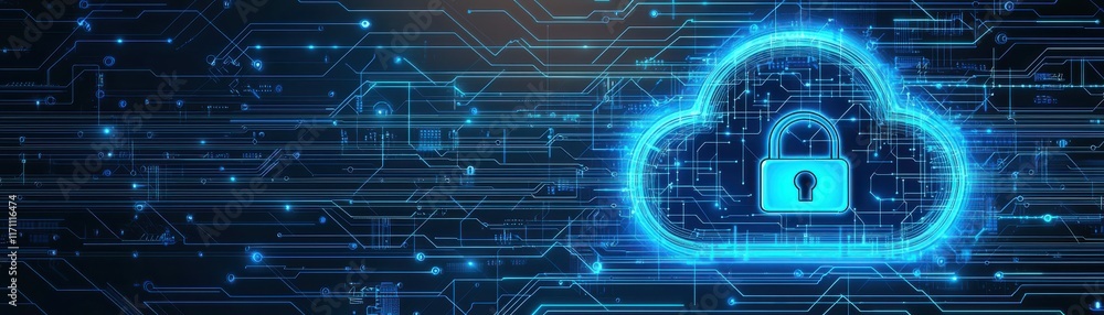 Poster a digital cloud with a lock symbol, representing cybersecurity and data protection in a modern techn