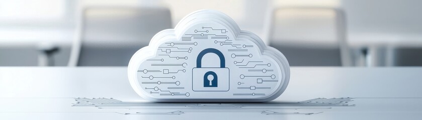 A stylized cloud symbol with a padlock, representing cloud security and data protection, set against a modern, minimalistic background.