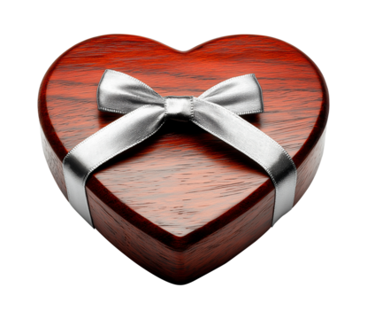 Elegant heart-shaped wooden gift box with silver ribbon against a transparent background, Valentines gift box png image - Powered by Adobe