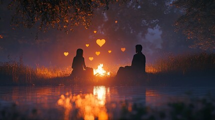 A romantic evening of sharing ghost stories around a bonfire, where a couple captures their spooky moments with heart-shaped shadows.