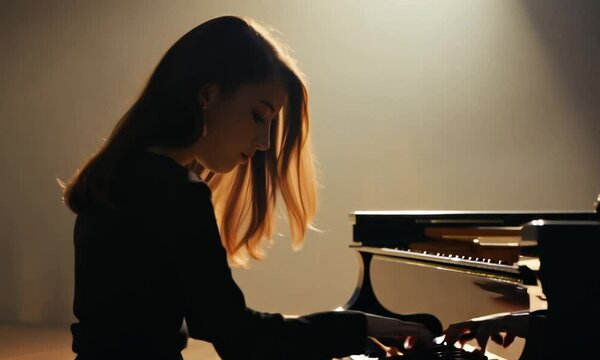 Young Lady Playing Piano With Side Lighting