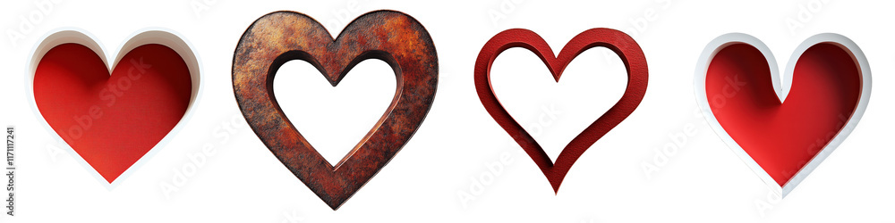Poster isolated cut-out hearts with shadow effect on a transparent background, stitched and textured design