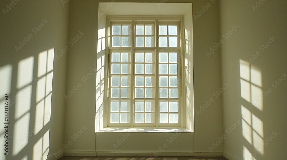 Poster sunlight streams through a large, multi-paned window in a minimalist room, casting shadows on the wa