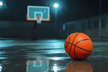 Fototapeta premium Basketball on Wet Outdoor Court