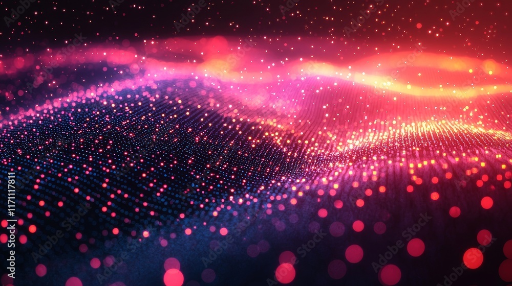 Poster This vivid digital landscape features glowing particles and dynamic light beams, demonstrating the most advanced technologies and innovations of the future.