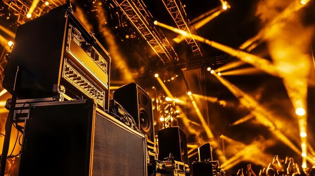 On stage for a live concert or event at a large venue, modern sound reinforcement system with speakers, subwoofers, and audio equipment is set up.