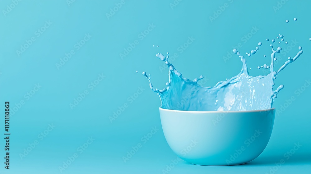 Poster a vibrant blue bowl splashes water against a matching background, creating a dynamic visual effect.
