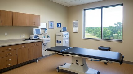 Fototapeta premium Elegant modern healthcare room with comfortable furnishings, cutting-edge equipment, and a soothing ambiance.