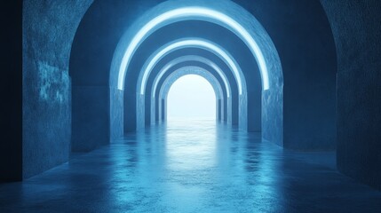 Obraz premium A blue tunnel with a light shining on the water
