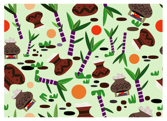 South Indian Festival Pongal Background Design Seamless pattern of pots with rice and sugarcane plant. Harvest season January Month.