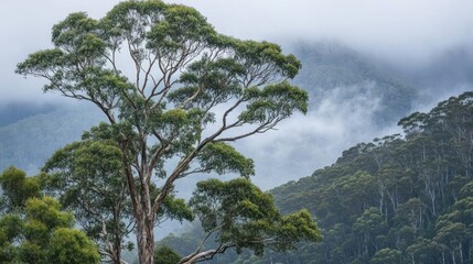 Obraz premium A tall tree stands amidst misty mountains, showcasing nature's beauty and tranquility.