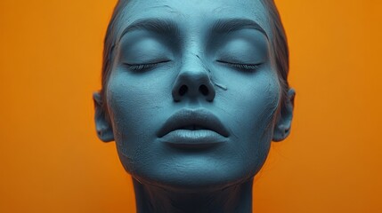 A woman's face is painted blue and is looking away