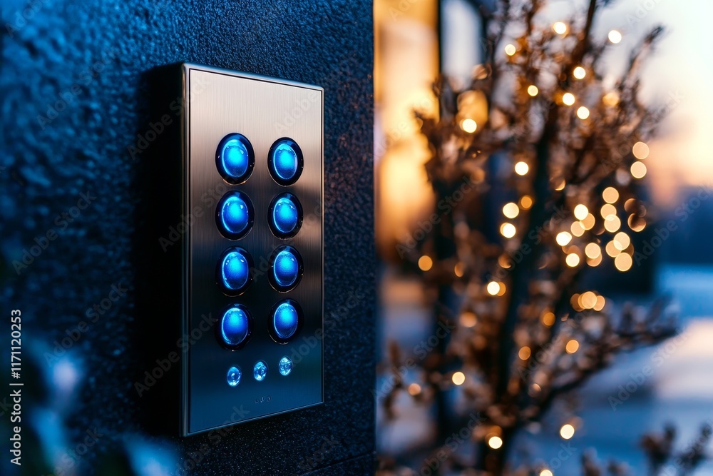 Poster Image of modern intercom with blue LCD screen near entry door with numbered buttons indicating security system codes. Electronic coded lock with copy space.