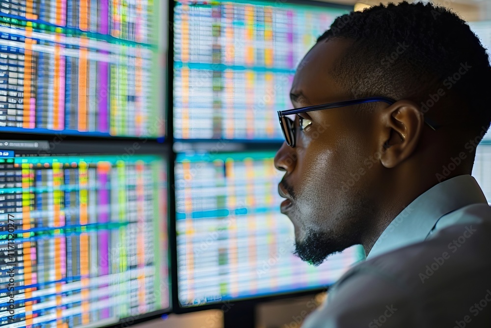 Aufkleber computer spreadsheet analyst man utilizing multiple screens