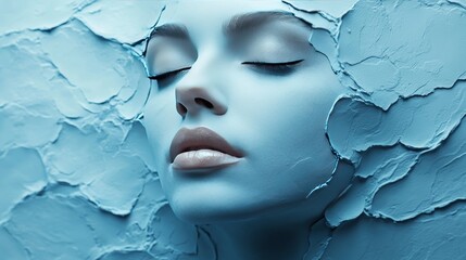 A woman's face is painted on a wall with blue paint