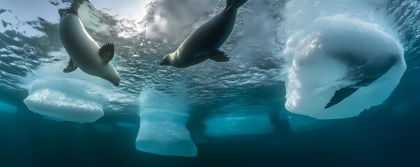 Naklejka premium Frozen Underwater World with Translucent Icebergs and Swimming Seals