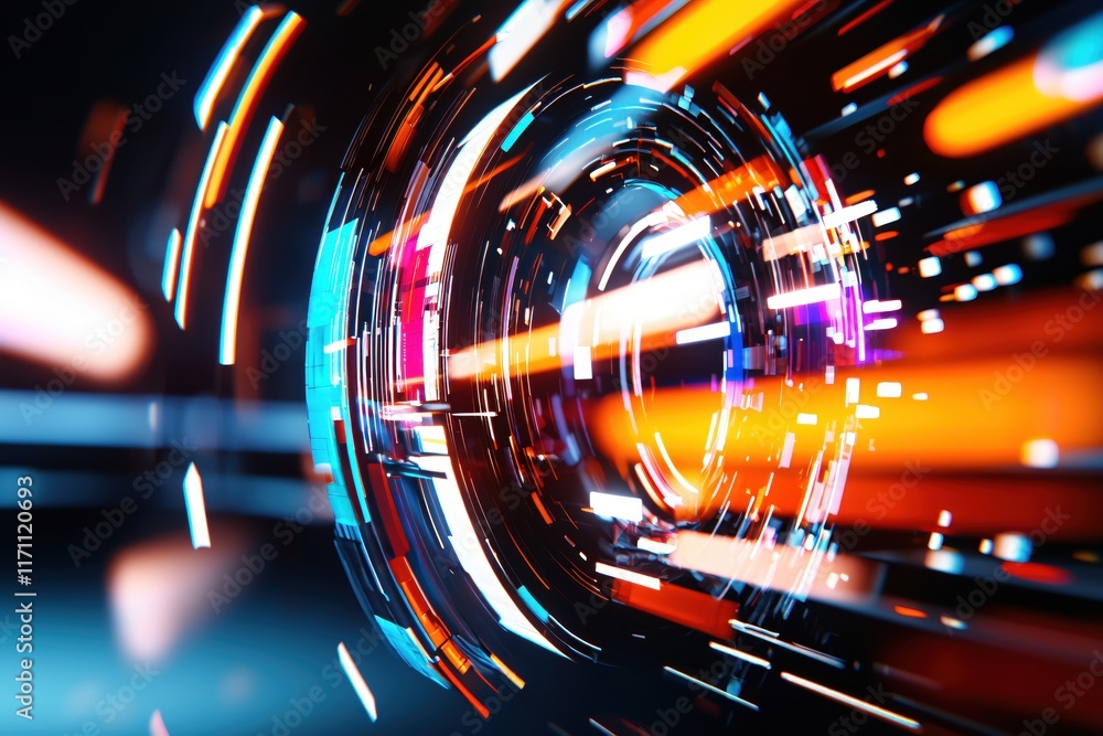 Poster Futuristic Abstract Background with Colorful Light Trails and Circular Shapes in Motion