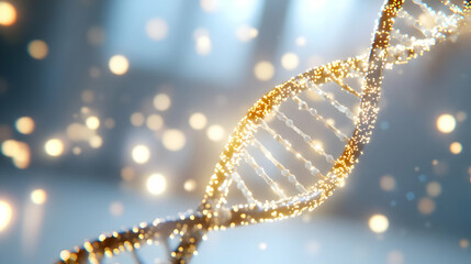 Golden DNA strand, science, research, bokeh background, genetic code, medical illustration