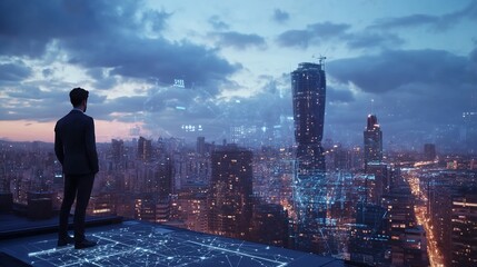 A businessperson gazes over a futuristic cityscape with digital overlays at dusk.