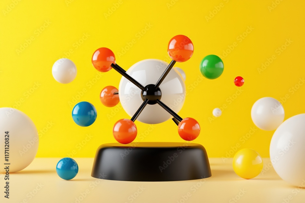 Poster colorful abstract model of atom and molecules on bright yellow background with playful elements
