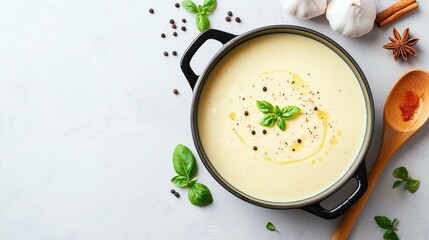 Creamy Soup in Black Pot Surrounded by Fresh Herbs and Spices on Light Background