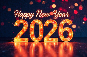 Happy New Year 2026 with bokeh background. 3d rendering