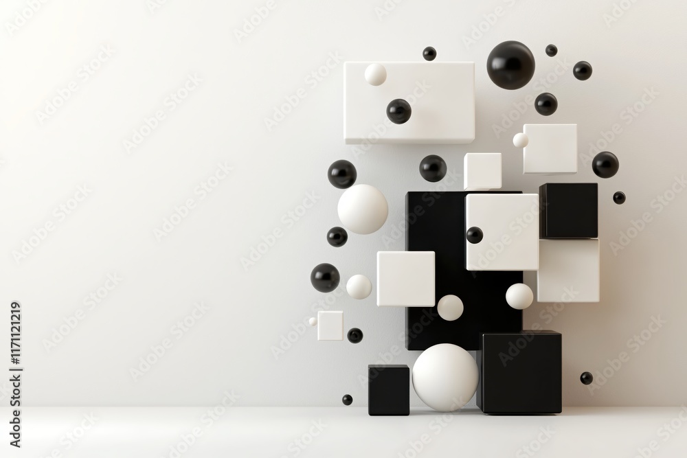 Poster geometric composition of black and white shapes with spheres and cubes on a minimalist background