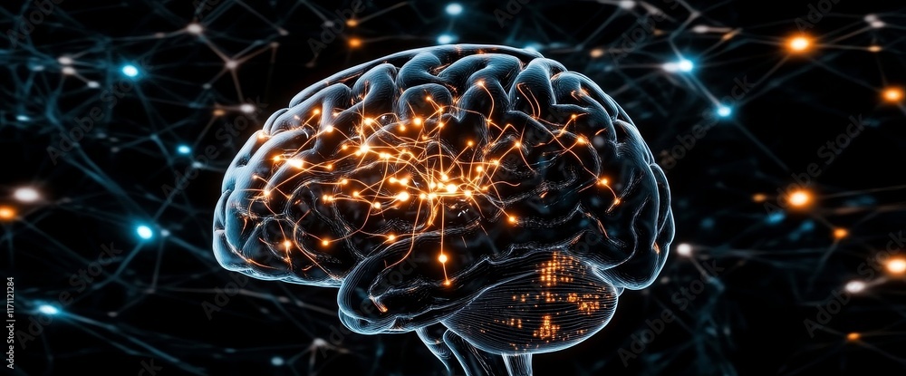 Leinwandbilder Brain inside human nerve system (side view). Combining bio organisms with high tech to create stock (AI).