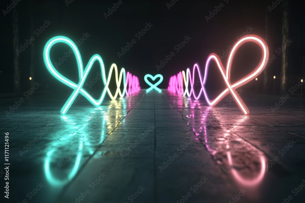 Poster A 3D render showing the spectrum of colorful neon lights, a loop, ultraviolet light, quantum energy, a glowing line, a string, and an abstract background