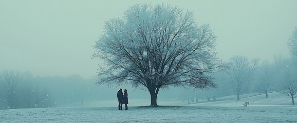 Couple standing near a frost-covered tree in a snowy field.