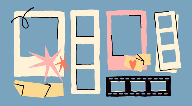 Photo frame, film frame set. Various shapes, retro style. Hand drawn modern Vector illustration. Lifestyle, decoration, mood board concept. Isolated design elements