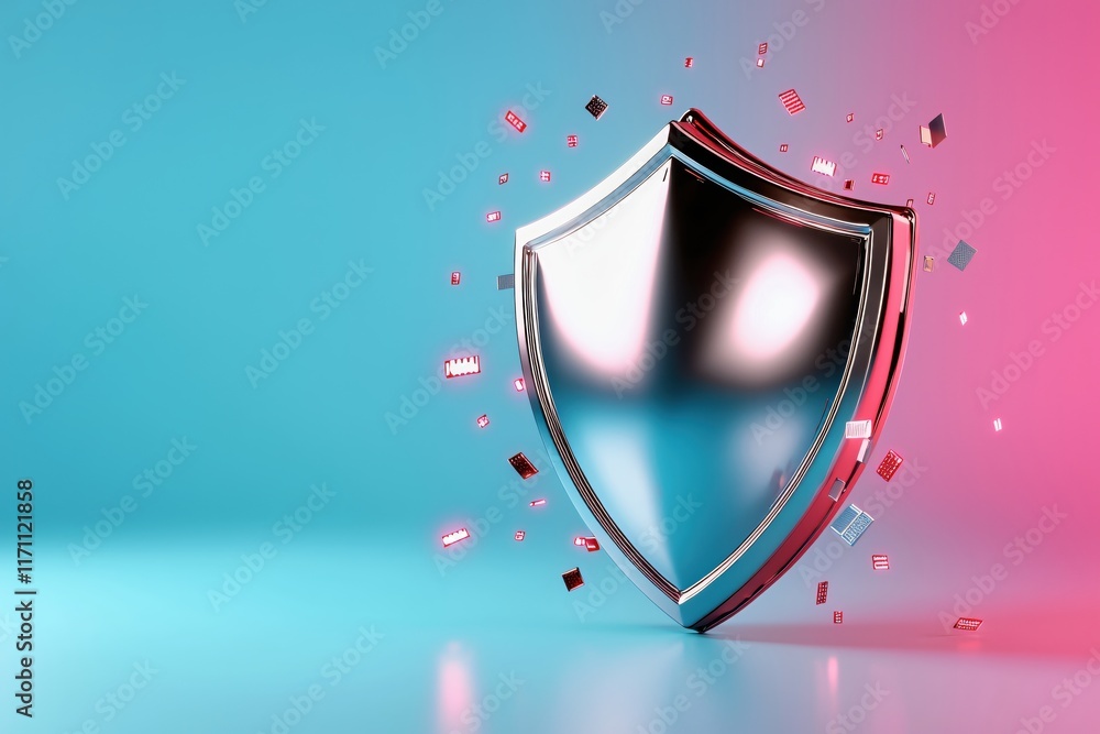 Poster Metallic Shield Surrounded by Digital Data Elements Representing Cybersecurity and Protection