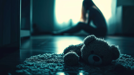 A symbolic image of a child&rsquo;s teddy bear lying abandoned on the floor of a dimly lit room. In the blurred background, a silhouette of a child sits on the floor, hugging her knees, victim and violence