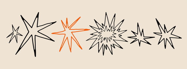 Abstract quirky outline Stars. Different unique shapes, doodles. Contemporary trendy style. Hand drawn modern Vector illustration. All elements are isolated