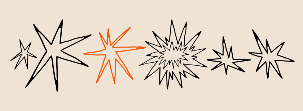 Abstract quirky outline Stars. Different unique shapes, doodles. Contemporary trendy style. Hand drawn modern Vector illustration. All elements are isolated