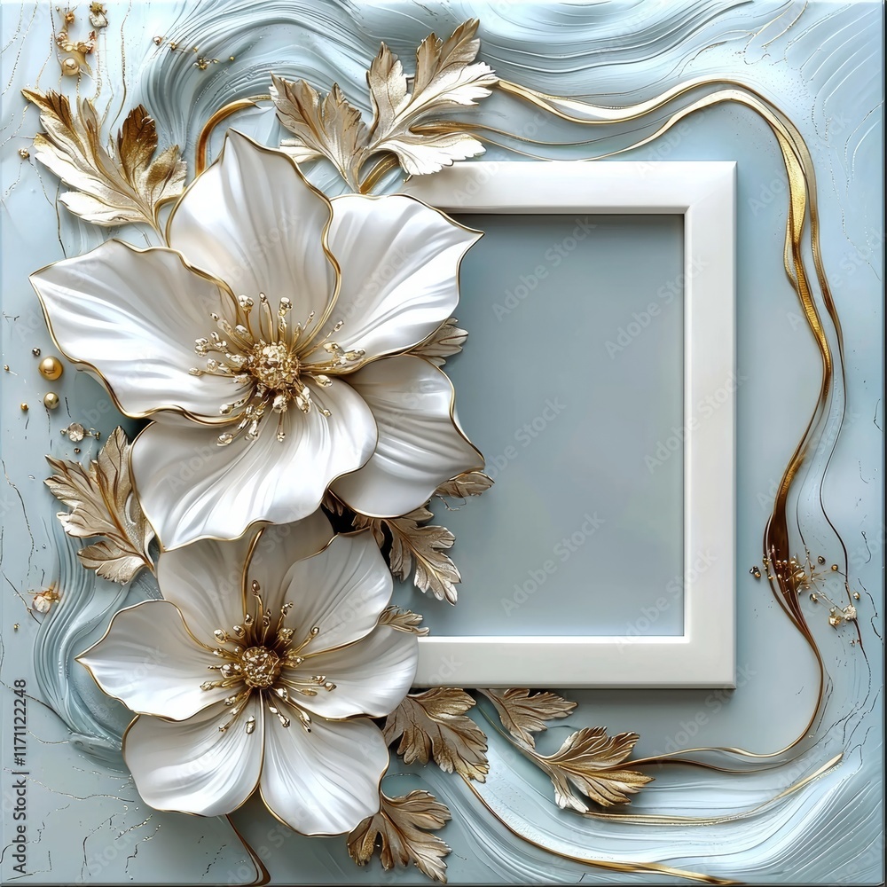 Aufkleber flat lay of easter composition with lots of flowers and eggs on a bright blue background with ribbon