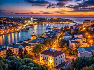 Obraz premium Sevastopol Night: Low Light Crimea Cityscape, Dramatic Harbor Views, Ukrainian Architecture