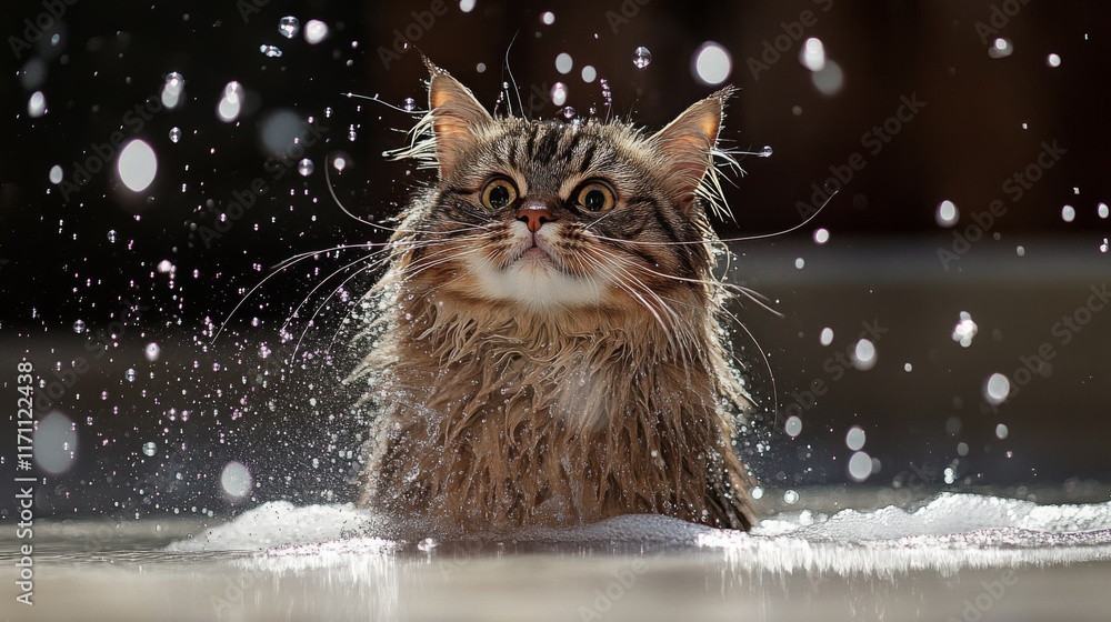 Poster a fluffy cat standing in a shallow tub, surrounded by bubbles, with a look of surprise as it shakes 