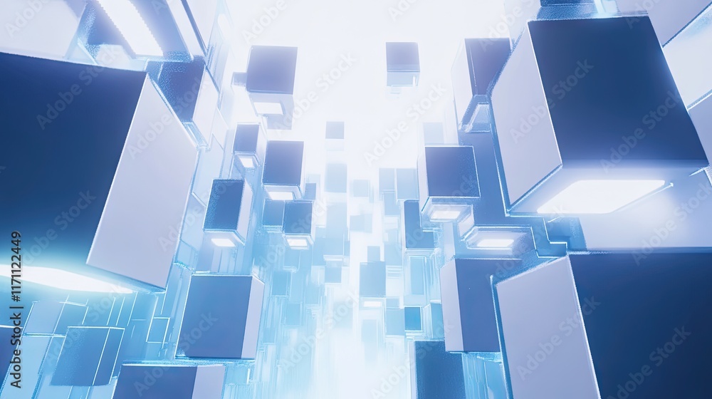 Poster generative ai abstract: glowing blue hexagons arranged in a futuristic grid against a sleek white ba