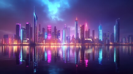 Neon city skyline reflected in water at night.